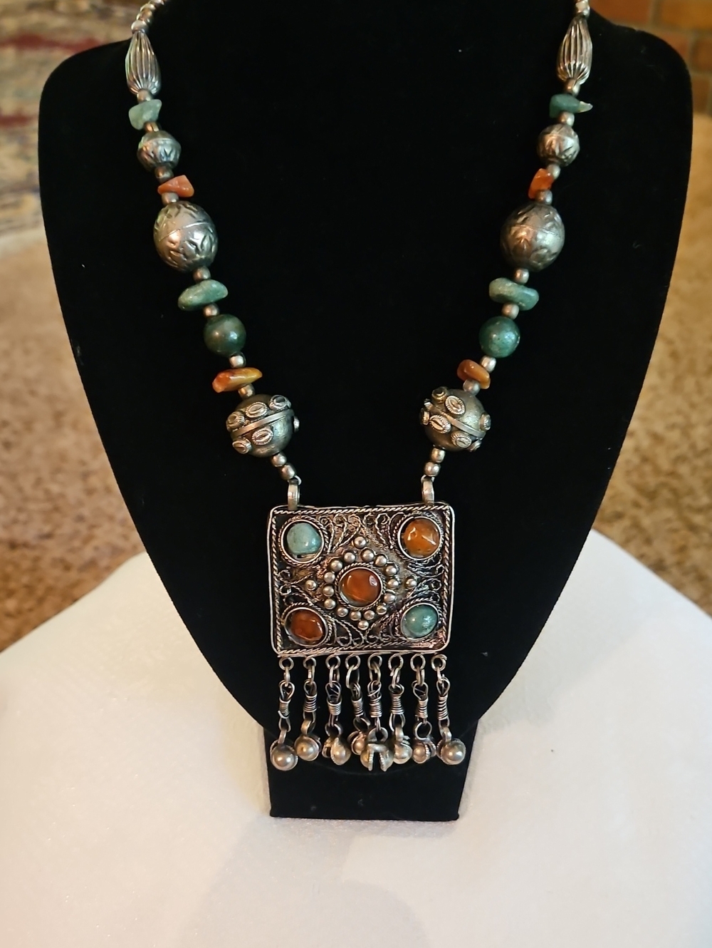 Antique Tribal Old Sterling Silver Pendent Necklace With Beads And Stones Unsign